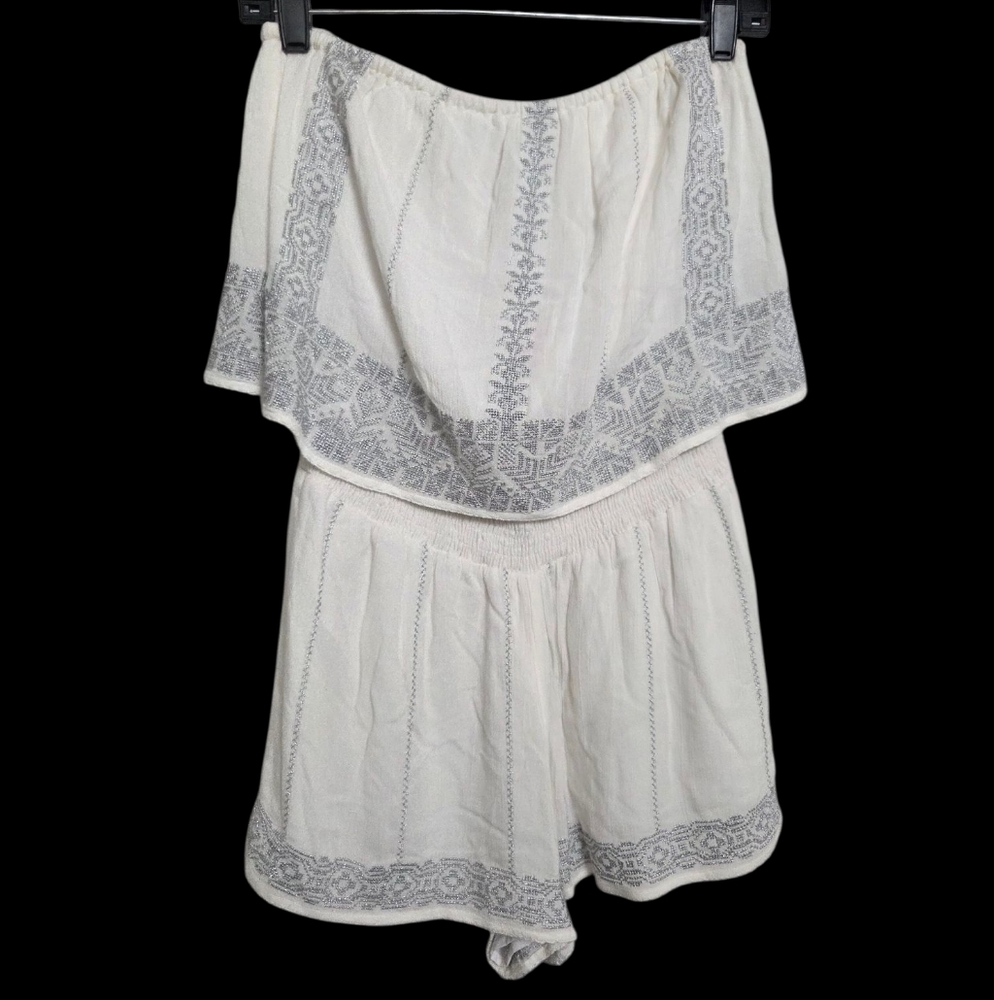 SAYLOR Women's White and Silver Embroidered Sleeveless Romper Shorts (AI08)
